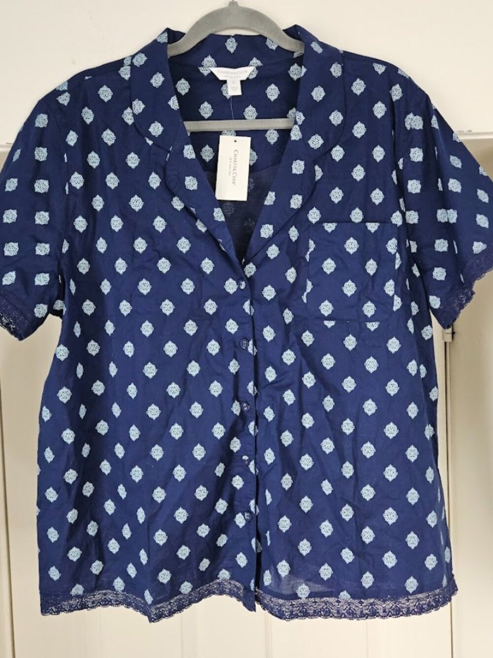 Charter Club Blue 100% Cotton Sleep Shirt Button Front Navy Lace Top New Tag XL
